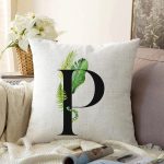 Beyaz Zemin Yaprak Motifli Siyah P Harfi Özel Tasarım Dijital Baskılı Raşel Kadife Yastık Kırlent Kılıfı Realhomes