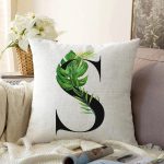 Beyaz Zemin Yaprak Motifli Siyah S Harfi Özel Tasarım Dijital Baskılı Raşel Kadife Yastık Kırlent Kılıfı Realhomes