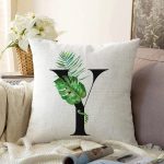 Beyaz Zemin Yaprak Motifli Siyah Y Harfi Özel Tasarım Dijital Baskılı Raşel Kadife Yastık Kırlent Kılıfı Realhomes