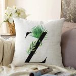 Beyaz Zemin Yaprak Motifli Siyah Z Harfi Özel Tasarım Dijital Baskılı Raşel Kadife Yastık Kırlent Kılıfı Realhomes