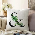 - Sonil-K9485-Gorsel1 - Realhomes Beyaz Zemin Yaprak Motifli Siyah & Harfi Özel Tasarım Dijital Baskılı Raşel Kadife Yastık Kırlent Kılıfı Realhomes