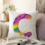 Beyaz Zemin Renkli C Harfli Özel Tasarım Dijital Baskılı Raşel Kadife Yastık Kırlent Kılıfı Realhomes