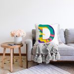 Beyaz Zemin Renkli D Harfli Özel Tasarım Dijital Baskılı Raşel Kadife Yastık Kırlent Kılıfı Realhomes