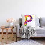 - Sonil-K9514-Gorsel2 - Realhomes Beyaz Zemin Renkli P Harfli Özel Tasarım Dijital Baskılı Raşel Kadife Yastık Kırlent Kılıfı Realhomes