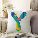 Beyaz Zemin Renkli Y Harfli Özel Tasarım Dijital Baskılı Raşel Kadife Yastık Kırlent Kılıfı Realhomes