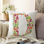 Beyaz Zemin Yaprak Temalı D Harfi Özel Tasarım Dijital Baskılı Raşel Kadife Yastık Kırlent Kılıfı Realhomes