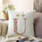 - Sonil-K9553-Gorsel1 - Realhomes Beyaz Zemin Yaprak Temalı Ü Harfi Özel Tasarım Dijital Baskılı Raşel Kadife Yastık Kırlent Kılıfı Realhomes