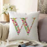 Beyaz Zemin Yaprak Temalı W Harfi Özel Tasarım Dijital Baskılı Raşel Kadife Yastık Kırlent Kılıfı Realhomes