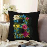 - Sonil-K9592-Gorsel1 - Realhomes  Siyah Zemin Renkli Gül Temalı B Harfi Özel Tasarım Dijital Baskılı Raşel Kadife Yastık Kırlent Kılıfı Realhomes