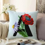 Mavi Zemin Çiçek Desenli Siyah A Harfi Özel Tasarım Dijital Baskılı Raşel Kadife Yastık Kırlent Kılıfı Realhomes