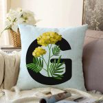 Mavi Zemin Çiçek Desenli Siyah G Harfi Özel Tasarım Dijital Baskılı Raşel Kadife Yastık Kırlent Kılıfı Realhomes