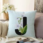 Mavi Zemin Çiçek Desenli Siyah J Harfi Özel Tasarım Dijital Baskılı Raşel Kadife Yastık Kırlent Kılıfı Realhomes