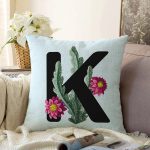 Mavi Zemin Çiçek Desenli Siyah K Harfi Özel Tasarım Dijital Baskılı Raşel Kadife Yastık Kırlent Kılıfı Realhomes