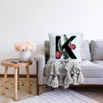 Mavi Zemin Çiçek Desenli Siyah K Harfi Özel Tasarım Dijital Baskılı Raşel Kadife Yastık Kırlent Kılıfı Realhomes