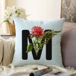 Mavi Zemin Çiçek Desenli Siyah M Harfi Özel Tasarım Dijital Baskılı Raşel Kadife Yastık Kırlent Kılıfı Realhomes