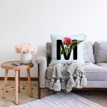 Mavi Zemin Çiçek Desenli Siyah M Harfi Özel Tasarım Dijital Baskılı Raşel Kadife Yastık Kırlent Kılıfı Realhomes