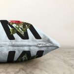 Mavi Zemin Çiçek Desenli Siyah M Harfi Özel Tasarım Dijital Baskılı Raşel Kadife Yastık Kırlent Kılıfı Realhomes