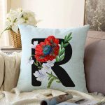 - Sonil-K9643-Gorsel1 - Realhomes  Mavi Zemin Çiçek Desenli Siyah R Harfi Özel Tasarım Dijital Baskılı Raşel Kadife Yastık Kırlent Kılıfı Realhomes