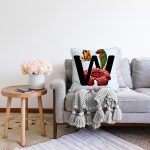 Mavi Zemin Çiçek Desenli Siyah W Harfi Özel Tasarım Dijital Baskılı Raşel Kadife Yastık Kırlent Kılıfı Realhomes