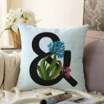 Mavi Zemin Çiçek Desenli Siyah & Harfi Özel Tasarım Dijital Baskılı Raşel Kadife Yastık Kırlent Kılıfı Realhomes
