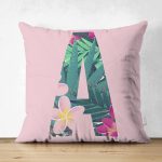 Pembe Zemin Tropik Yapraklı A Harfi Özel Tasarım Modern Suet Yastık Kırlent Kılıfı Realhomes