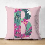 Pembe Zemin Tropik Yapraklı B Harfi Özel Tasarım Modern Suet Yastık Kırlent Kılıfı Realhomes