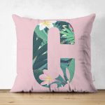 - Suet-K9416-Gorsel1 - Realhomes Pembe Zemin Tropik Yapraklı C Harfi Özel Tasarım Modern Suet Yastık Kırlent Kılıfı Realhomes