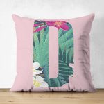 Pembe Zemin Tropik Yapraklı D Harfi Özel Tasarım Modern Suet Yastık Kırlent Kılıfı Realhomes