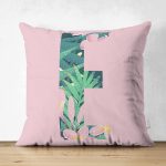 Pembe Zemin Tropik Yapraklı E Harfi Özel Tasarım Modern Suet Yastık Kırlent Kılıfı Realhomes