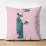 - Suet-K9419-Gorsel1 - Realhomes Pembe Zemin Tropik Yapraklı F Harfi Özel Tasarım Modern Suet Yastık Kırlent Kılıfı Realhomes