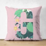 - Suet-K9420-Gorsel1 - Realhomes Pembe Zemin Tropik Yapraklı G Harfi Özel Tasarım Modern Suet Yastık Kırlent Kılıfı Realhomes