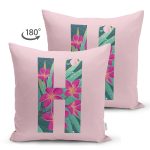 Pembe Zemin Tropik Yapraklı H Harfi Özel Tasarım Modern Suet Yastık Kırlent Kılıfı Realhomes