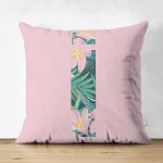 - Suet-K9423-Gorsel1 - Realhomes Pembe Zemin Tropik Yapraklı İ Harfi Özel Tasarım Modern Suet Yastık Kırlent Kılıfı Realhomes