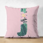 Pembe Zemin Tropik Yapraklı J Harfi Özel Tasarım Modern Suet Yastık Kırlent Kılıfı Realhomes
