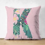 Pembe Zemin Tropik Yapraklı K Harfi Özel Tasarım Modern Suet Yastık Kırlent Kılıfı Realhomes