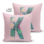 Pembe Zemin Tropik Yapraklı K Harfi Özel Tasarım Modern Suet Yastık Kırlent Kılıfı Realhomes