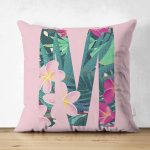 Pembe Zemin Tropik Yapraklı M Harfi Özel Tasarım Modern Suet Yastık Kırlent Kılıfı Realhomes