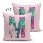 Pembe Zemin Tropik Yapraklı M Harfi Özel Tasarım Modern Suet Yastık Kırlent Kılıfı Realhomes