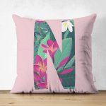 Pembe Zemin Tropik Yapraklı N Harfi Özel Tasarım Modern Suet Yastık Kırlent Kılıfı Realhomes