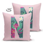 Pembe Zemin Tropik Yapraklı N Harfi Özel Tasarım Modern Suet Yastık Kırlent Kılıfı Realhomes