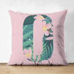 - Suet-K9429-Gorsel1 - Realhomes Pembe Zemin Tropik Yapraklı O Harfi Özel Tasarım Modern Suet Yastık Kırlent Kılıfı Realhomes