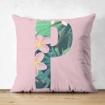 - Suet-K9431-Gorsel1 - Realhomes Pembe Zemin Tropik Yapraklı P Harfi Özel Tasarım Modern Suet Yastık Kırlent Kılıfı Realhomes