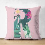 Pembe Zemin Tropik Yapraklı R Harfi Özel Tasarım Modern Suet Yastık Kırlent Kılıfı Realhomes