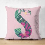Pembe Zemin Tropik Yapraklı S Harfi Özel Tasarım Modern Suet Yastık Kırlent Kılıfı Realhomes