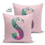Pembe Zemin Tropik Yapraklı S Harfi Özel Tasarım Modern Suet Yastık Kırlent Kılıfı Realhomes