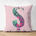 Pembe Zemin Tropik Yapraklı Ş Harfi Özel Tasarım Modern Suet Yastık Kırlent Kılıfı Realhomes