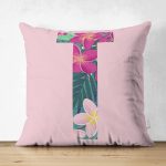 Pembe Zemin Tropik Yapraklı T Harfi Özel Tasarım Modern Suet Yastık Kırlent Kılıfı Realhomes