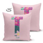 Pembe Zemin Tropik Yapraklı T Harfi Özel Tasarım Modern Suet Yastık Kırlent Kılıfı Realhomes