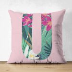 Pembe Zemin Tropik Yapraklı U Harfi Özel Tasarım Modern Suet Yastık Kırlent Kılıfı Realhomes