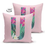 Pembe Zemin Tropik Yapraklı U Harfi Özel Tasarım Modern Suet Yastık Kırlent Kılıfı Realhomes